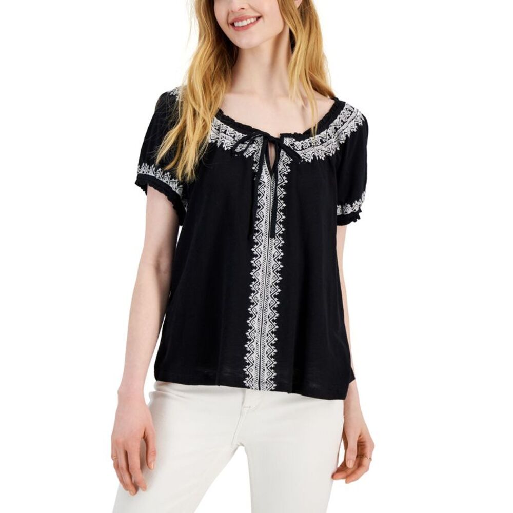 Style & Co Womens Embroidered Puff Sleeve Blouse